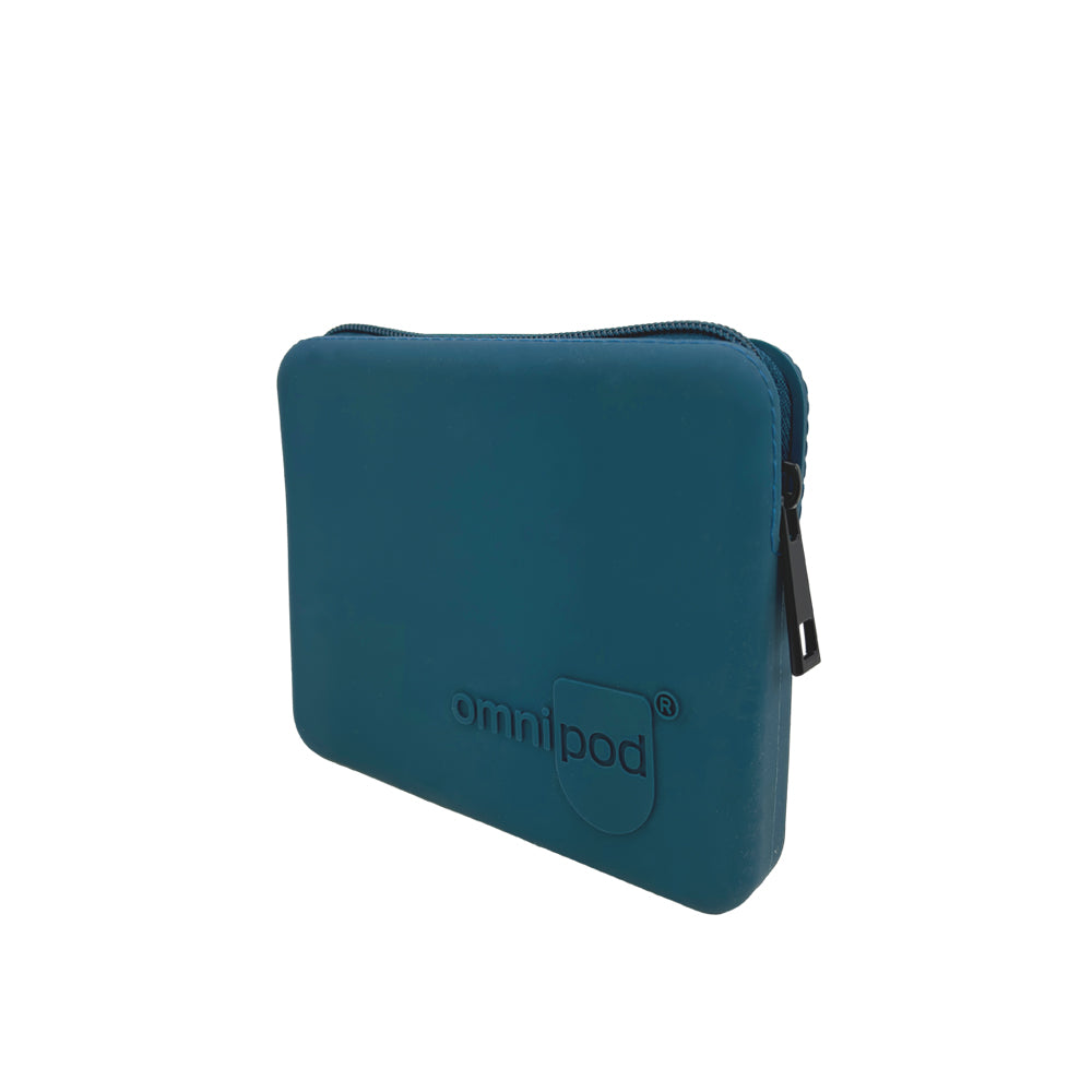 Side view of the Omnipod® Protective Travel Case: A side profile of theblue Omnipod® protective travel case, highlighting its slim and compact design with a zippered closure.