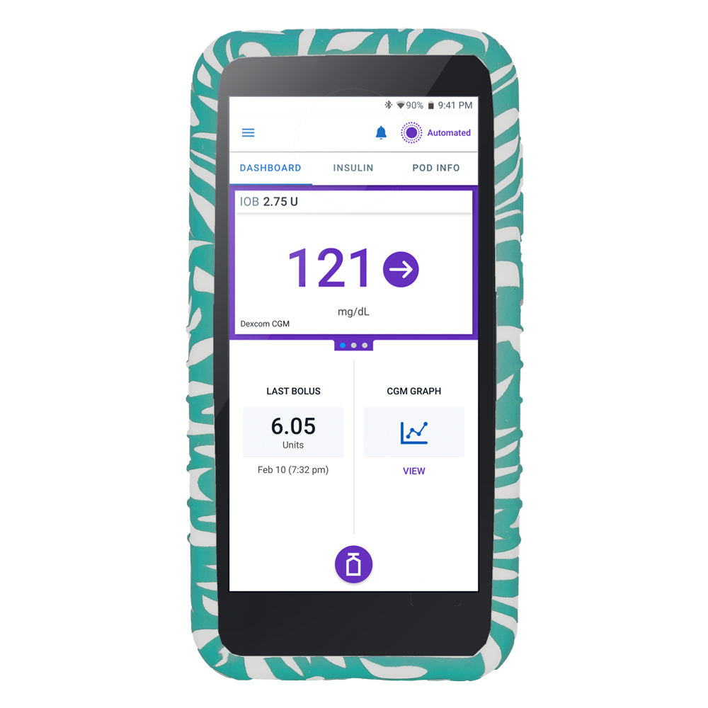 Teal and white floral pattern Omnipod® 5 Case includes a convenient cut-out for use with pairing the Dexcom G7 CGM to your Omnipod 5 with device in it.