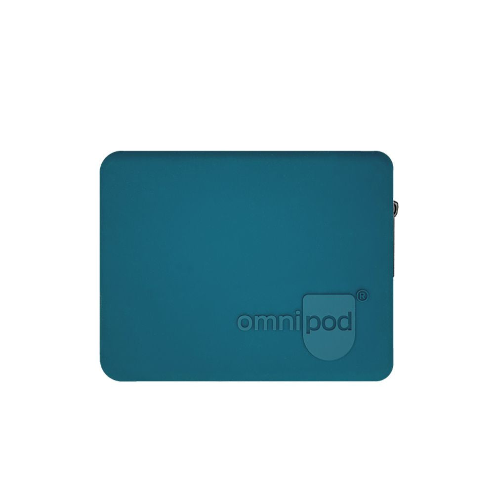 Front of the Omnipod® Protective Travel Case: A close-up view of the front of the blue Omnipod® protective travel case, featuring a sleek, compact design with a zippered closure and the Omnipod® logo on the exterior.