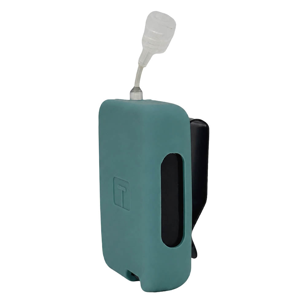 Teal Mist Tandem Mobi EZ-To-Charge Clip with Mobi insulin pump inside the case, standing straight up tilted to left. 