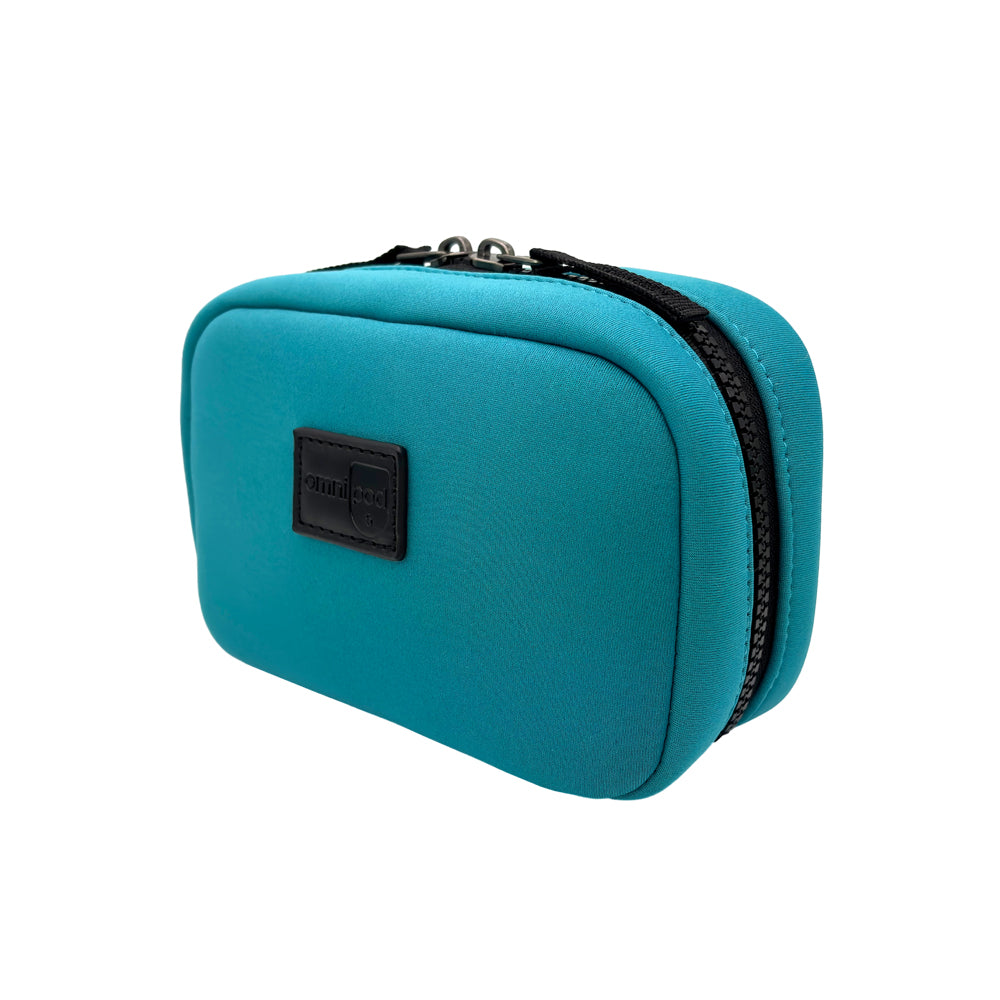 Side view of the Omnipod® Metro Supply Case in teal, showcasing its compact design and organized compartments for storing diabetes management essentials