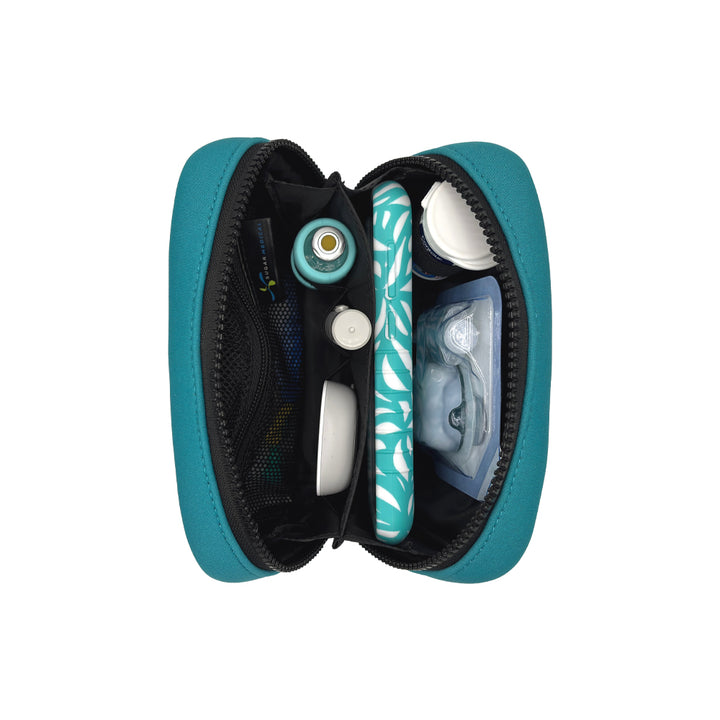 Vertical view of the Omnipod® Metro Supply Case in teal, displaying neatly organized Omnipod® PDM, pod, and other diabetes supplies inside the case.