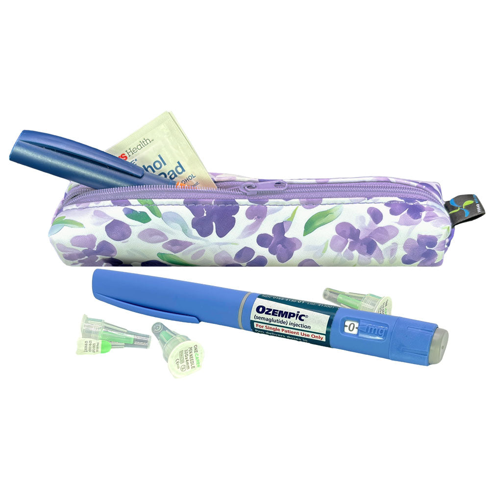 Floral MedMate GLP-1 / Insulin Pen Case with Ozempic pen and pen tips on a white background