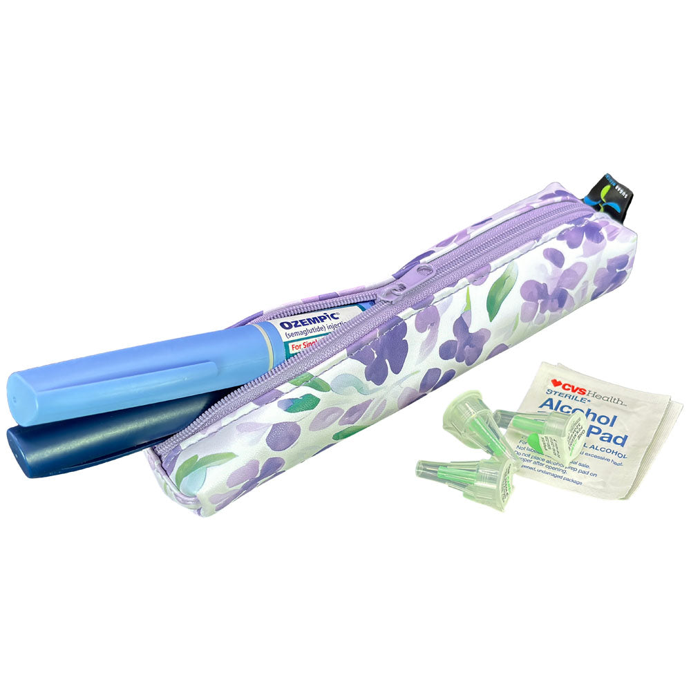 Floral-patterned MedMate GLP-1 / Insulin Pen Case with a purple zipper open with GLP-1 pen coming out.
