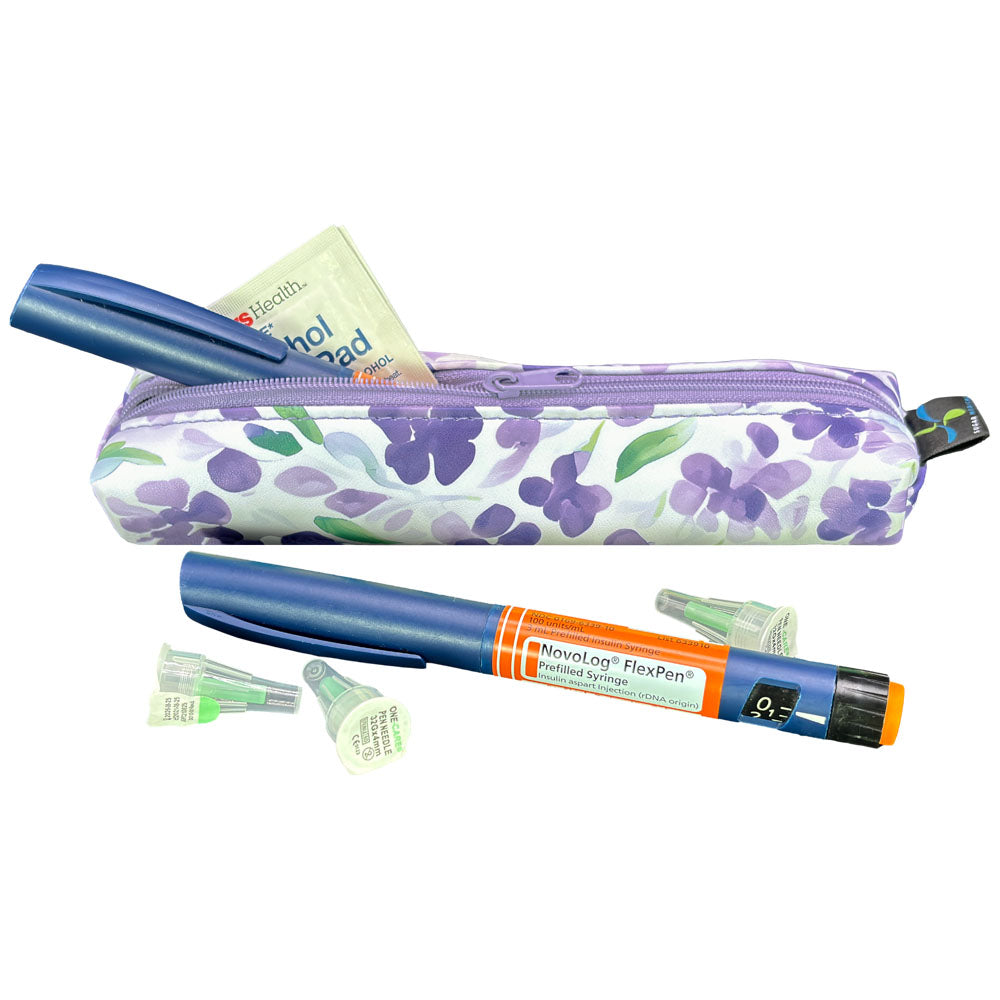Floral-patterned MedMate GLP-1 / Insulin Pen Case with a blue zipper open with insulin pen coming out. 