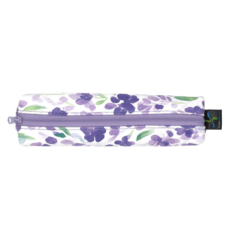 Purple Floral-patterned MedMate GLP-1 / Insulin Pen Case with a blue zipper on a white background 