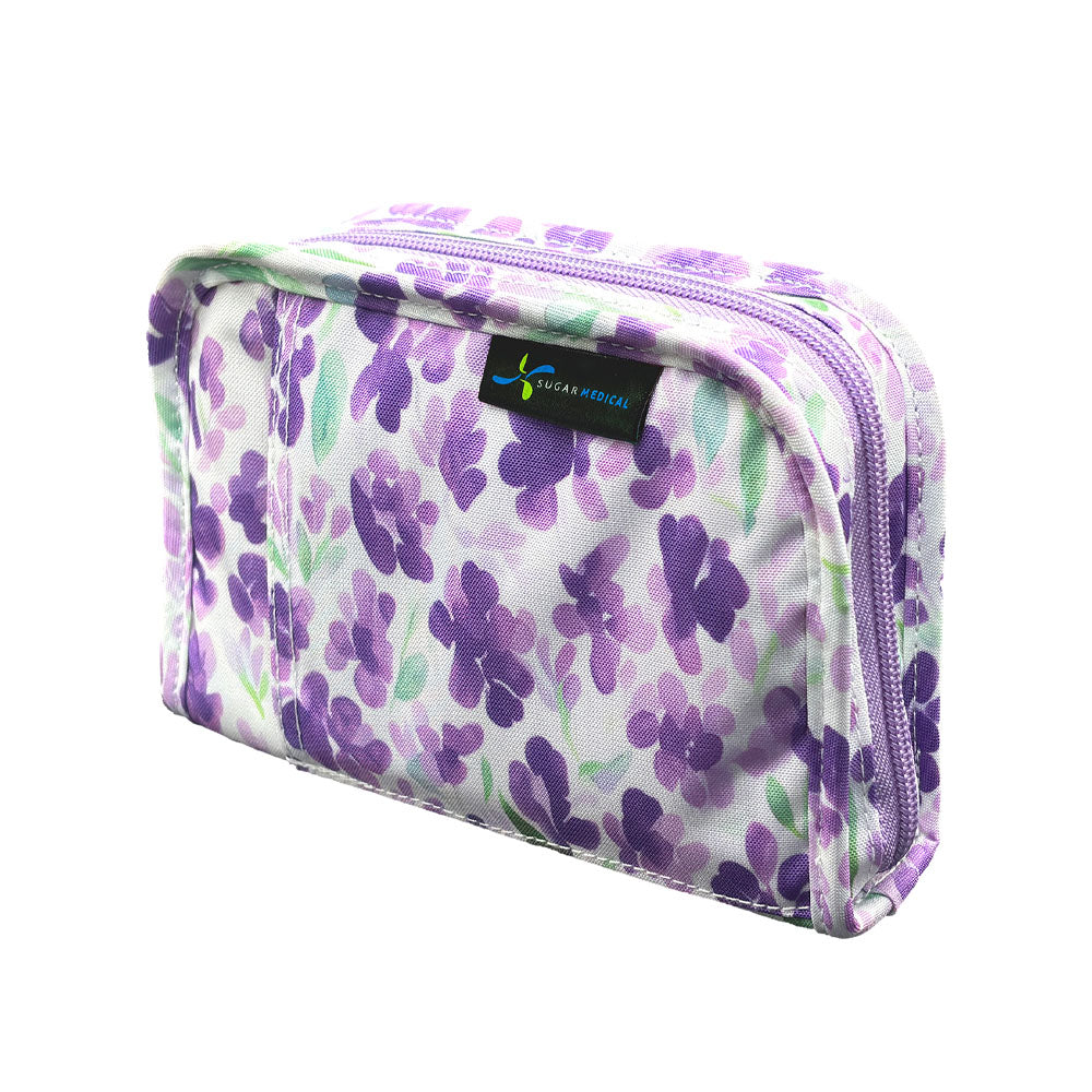Purple and white floral-patterned pouch with a visible Sugar Medical label on a white background