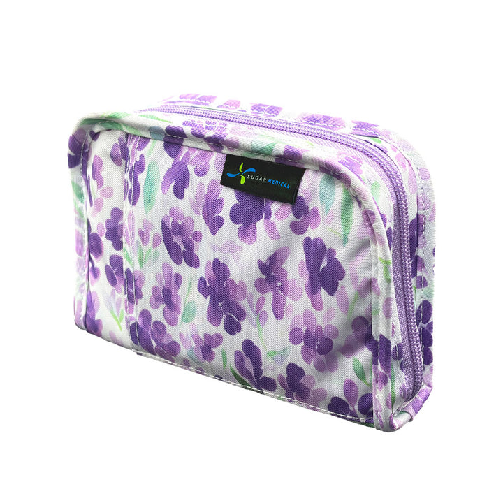 Purple and white floral-patterned pouch with a visible Sugar Medical label on a white background