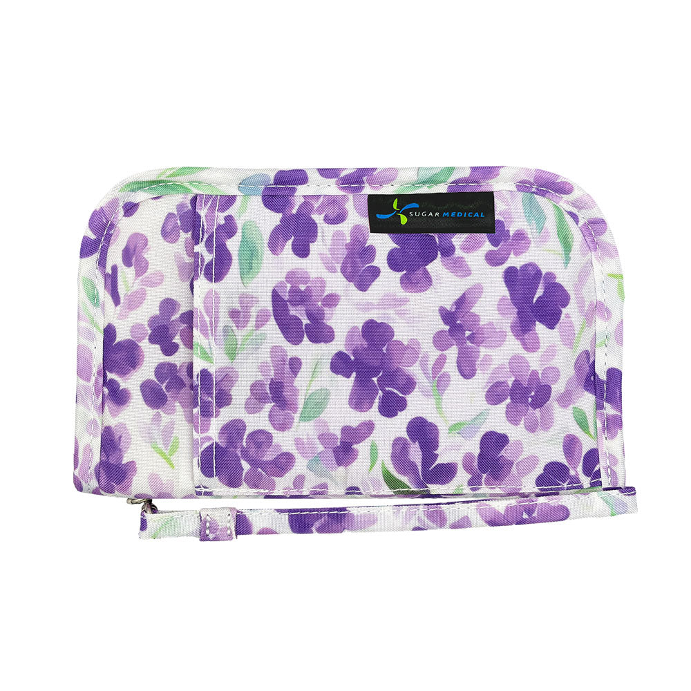 Sugar Medical Diabetes Supply Case II front that is white with purple flowers.