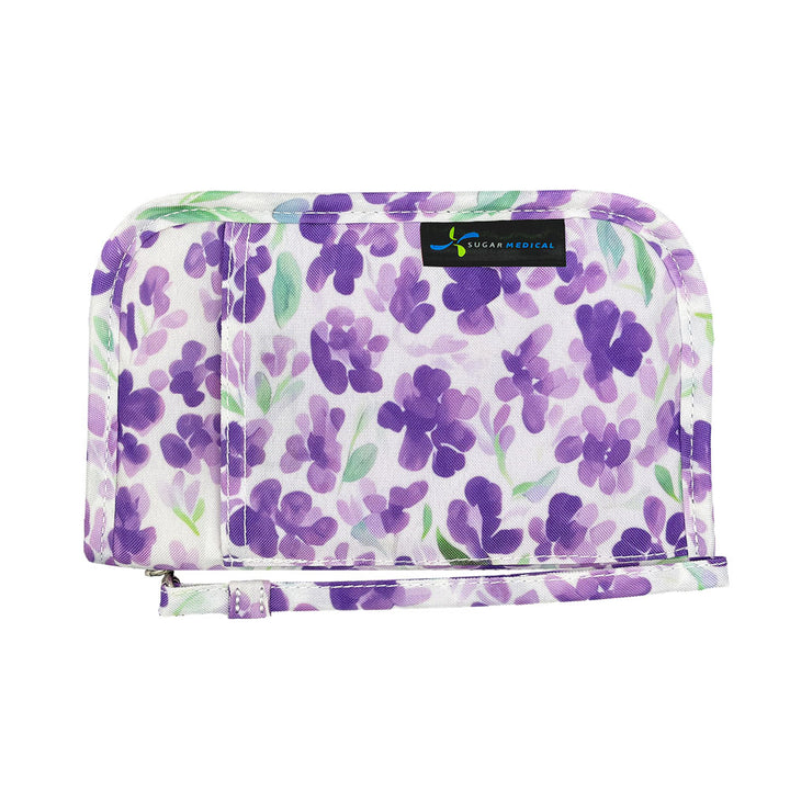 Sugar Medical Diabetes Supply Case II front that is white with purple flowers.
