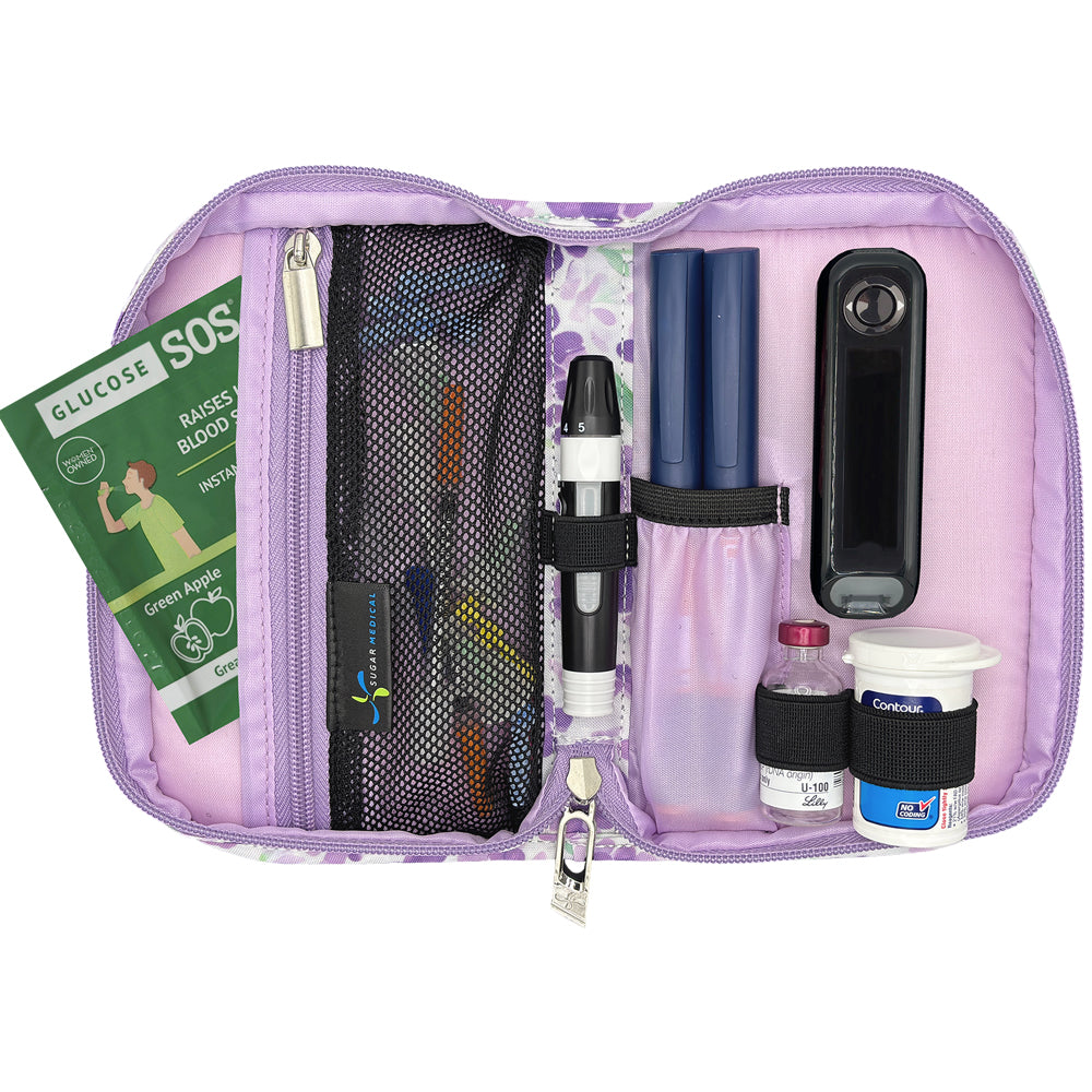 Purple diabetes management kit with glucose meter, insulin pens, and other supplies on a white background.