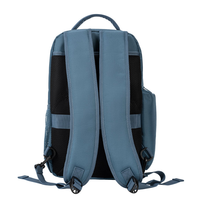 Back of the black Travel Backpack with straps and built-in luggage strap securely attaches to rolling luggage.