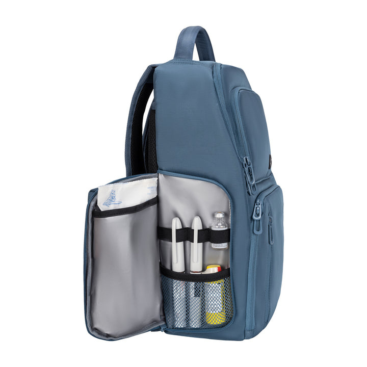 Side of the Steel Blue Travel Backpack showing the insulated pocket.