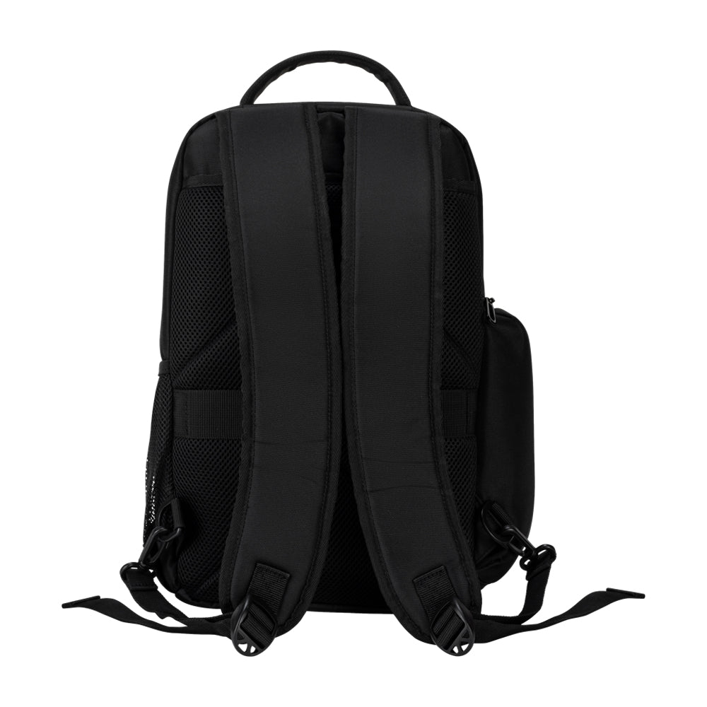 Back of the black Travel Backpack with straps and built-in luggage strap securely attaches to rolling luggage.