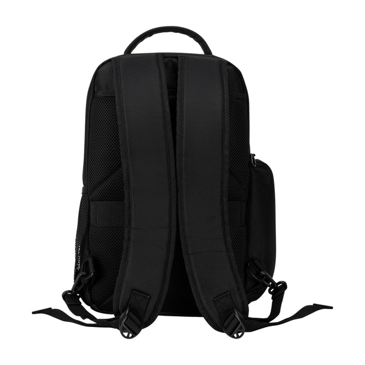 Back of the black Travel Backpack with straps and built-in luggage strap securely attaches to rolling luggage.