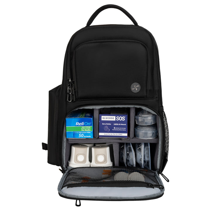 Black Travel Backpack main pocket open filled with diabetic 