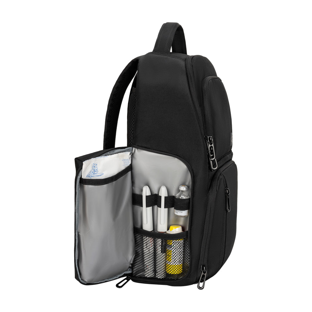 Side of the Black Travel Backpack showing the insulated pocket.