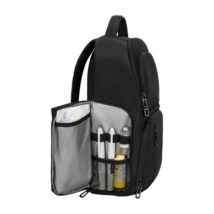 Side of the Black Travel Backpack showing the insulated pocket.