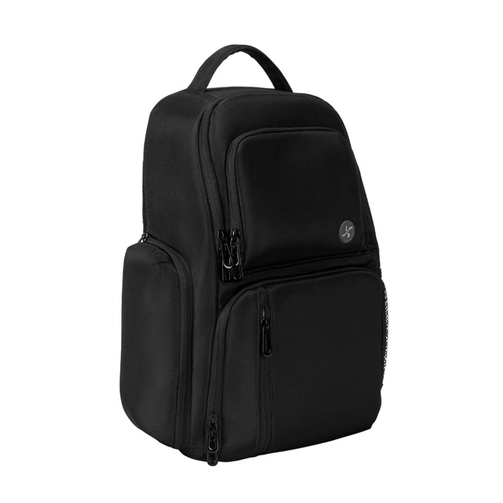 Diabetes Travel Backpack in black front with two large, zippered compartment and side mesh pocket for water bottle.