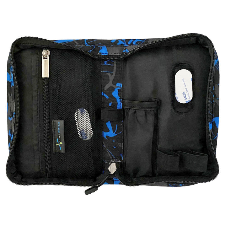 Sugar Medical Diabetes Supply Case II black, blue, and grey splatter pattern inside with pockets and loops to organize your diabetic supplies. 