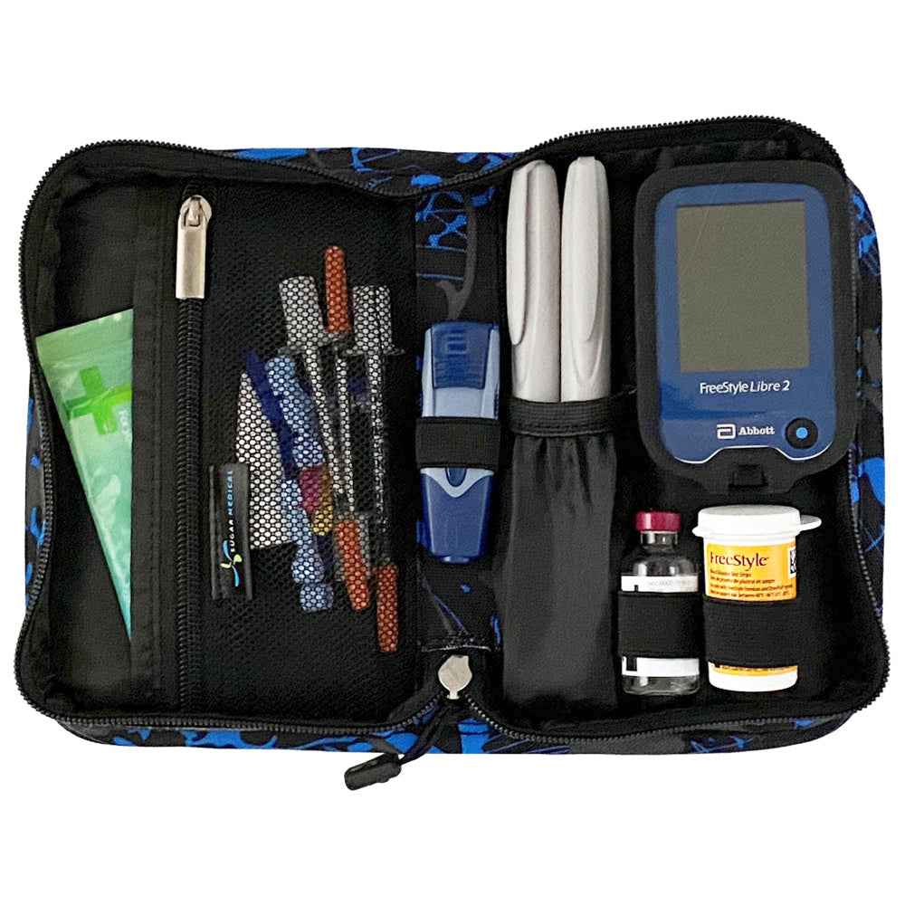 Sugar Medical Diabetes Supply Case II black, blue, and grey splatter pattern inside set up with glucose meter, test strips, lancet, insulin pens and wipes. 