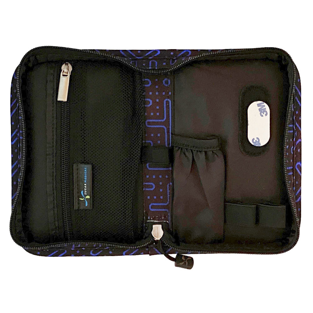 Sugar Medical Diabetes Supply Case II black with blue dot pattern inside with pockets and loops to organize your diabetic supplies. 