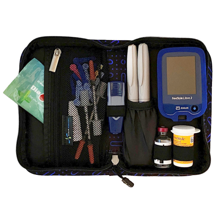 Sugar Medical Diabetes Supply Case II black with blue dot pattern inside set up with glucose meter, test strips, lancet, insulin pens and wipes. 