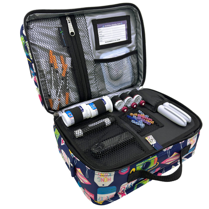 Front insulted section of the Vaca All Day diabetes travel bag organized with Omnipod pod, syringes, test strips, insulin vials, insulin pens, glucose meter and lancet. 