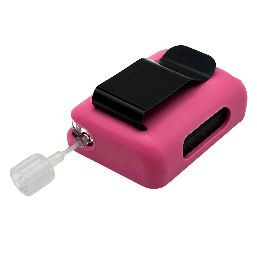 Verry Berry Tandem Mobi EZ-To-Charge Clip with Mobi insulin pump inside the case, lying flat on a surface.