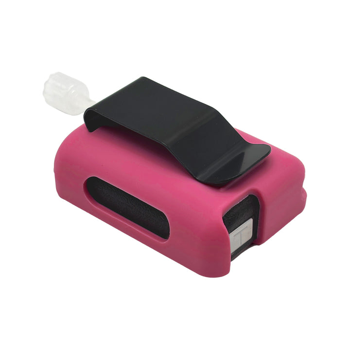 Verry Berry Tandem Mobi EZ-To-Charge Clip with Mobi insulin pump inside the case, laying flat on a surface.