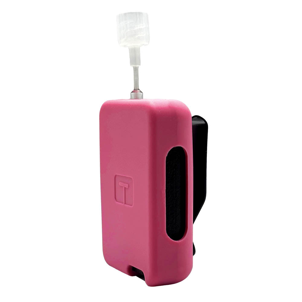Verry Berry Tandem Mobi EZ-To-Charge Clip with Mobi insulin pump inside the case, standing straight up tilted to left. 