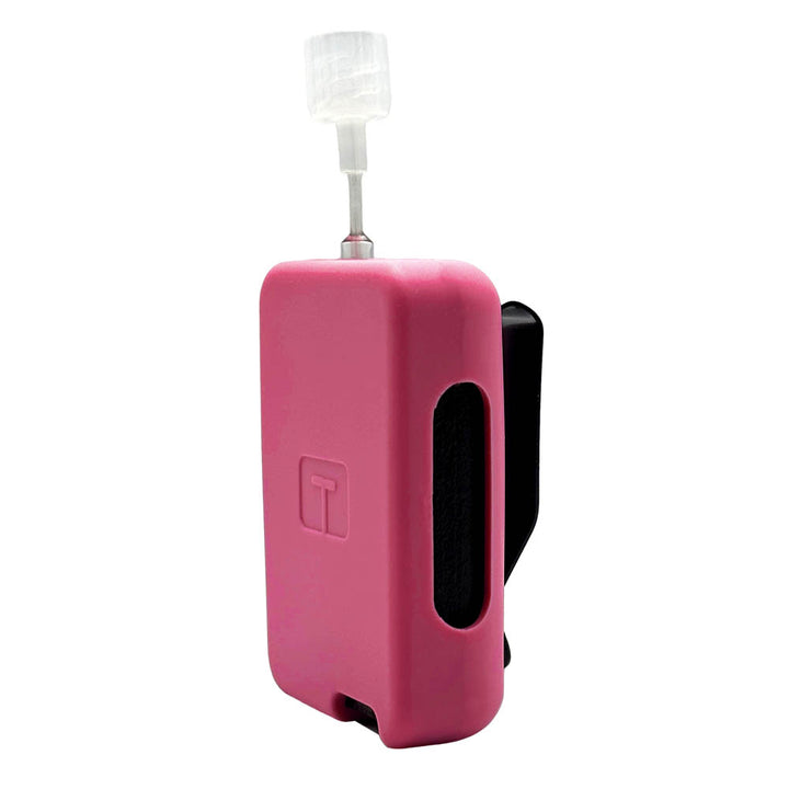 Verry Berry Tandem Mobi EZ-To-Charge Clip with Mobi insulin pump inside the case, standing straight up tilted to left. 