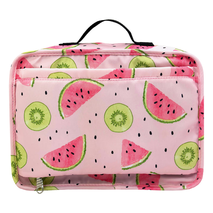 Back of the Pink diabetes bag with watermelon and kiwi pattern on a white background.
