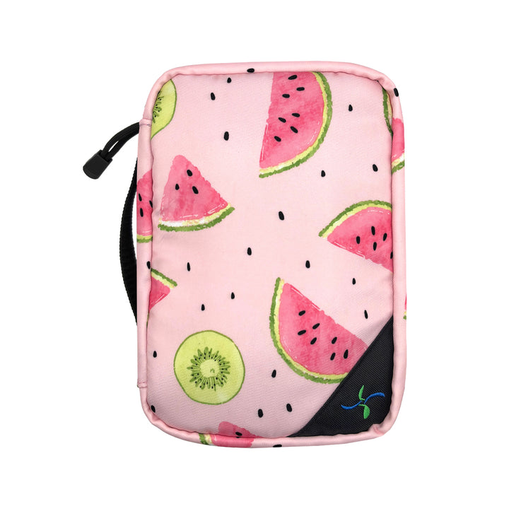 Sugar Medical pink watermelon print Diabetes Insulated Organizer with Sugar Medical logo on bottom right keeps your supplies organized, protected and secure.