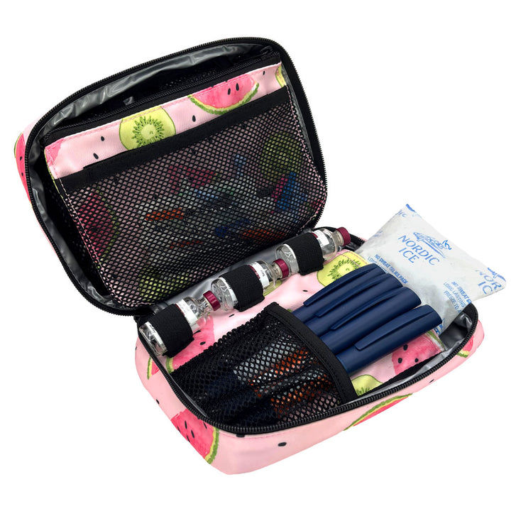 The back section of the pink watermelon print diabetes organizer has three loops to secure insulin vials and mesh pocket that fits four insulin pens.