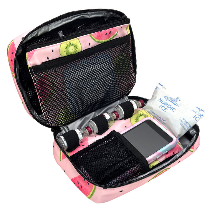 The back section has a mesh pocket with Omnipod pump supplies and three loops to secure three insulin vials.