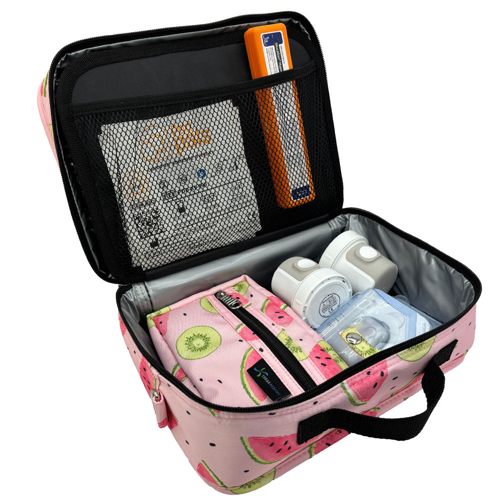 Diabetes Insulated Travel Bag in pink watermelon compartment for a glucagon kit, Omnipod supplies, extra pods, snacks, glucose tablets, and includes a removable pouch. 