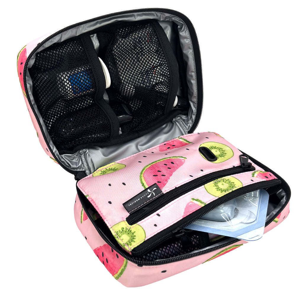 The front section of the pink watermelon print diabetes organizer to fit all your diabetes supplies. 