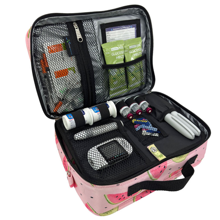 Diabetes Insulated Travel Bag in pink watermelon front section has pockets for glucose meter and lancing device and loops for insulin vials and pocket for insulin pens.