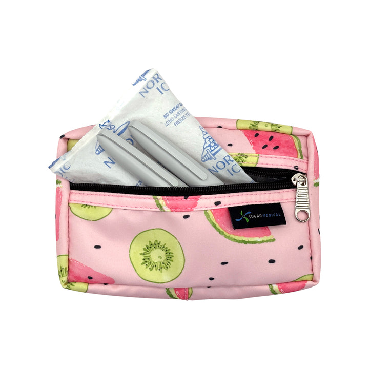 Diabetes Insulated Travel Bag in pink watermelon removable supply pouch zippered with ice pack and insulin pens. 