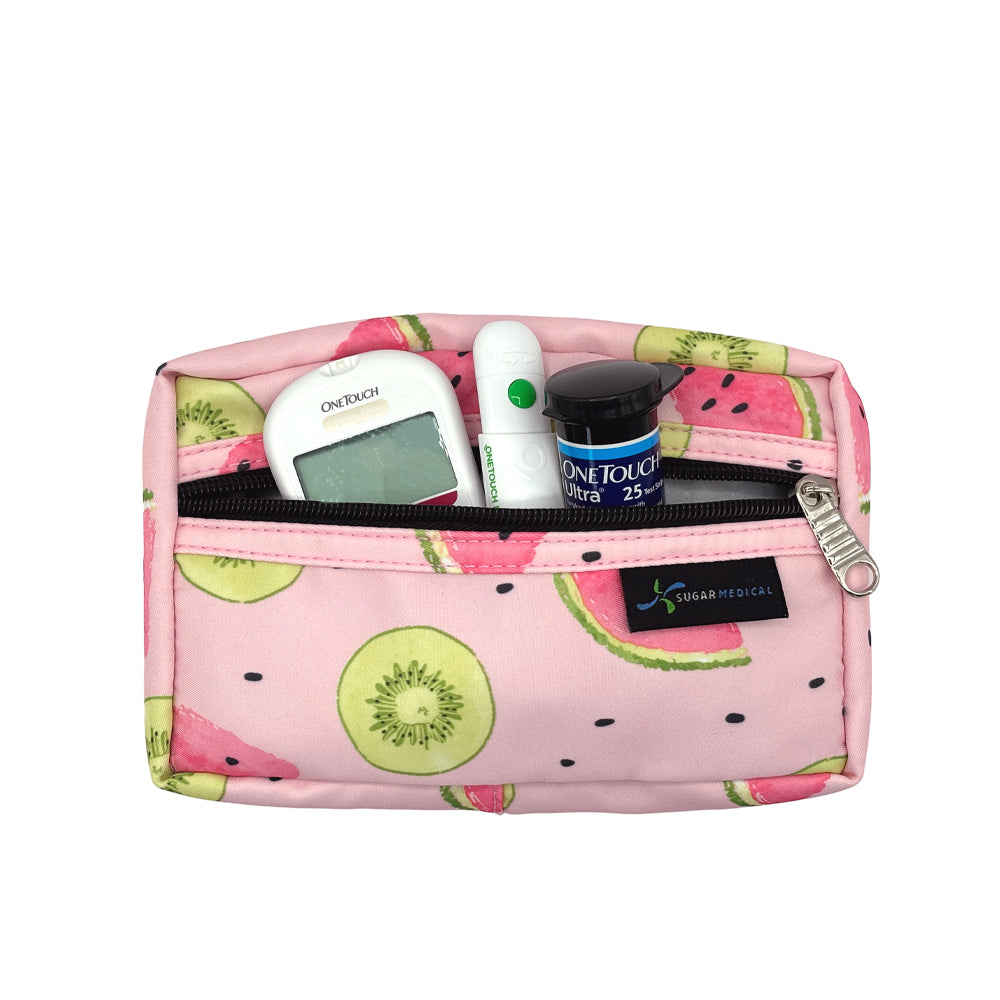Watermelon  removable supply pouch that fits glucose meter, test strip and lancet. 