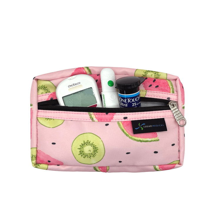 Watermelon  removable supply pouch that fits glucose meter, test strip and lancet. 