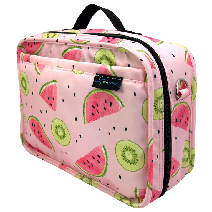 Side view of the watermelon diabetes travel bag with zippered compartments, and a compact, durable design.