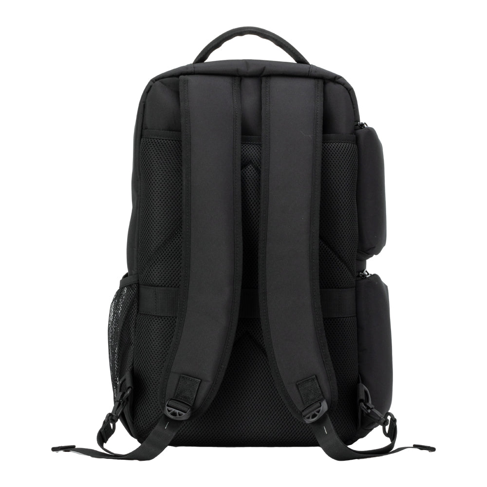 Back of the Side of the Charcoal grey XL Travel Backpack with straps and built-in luggage strap securely attaches to rolling luggage.