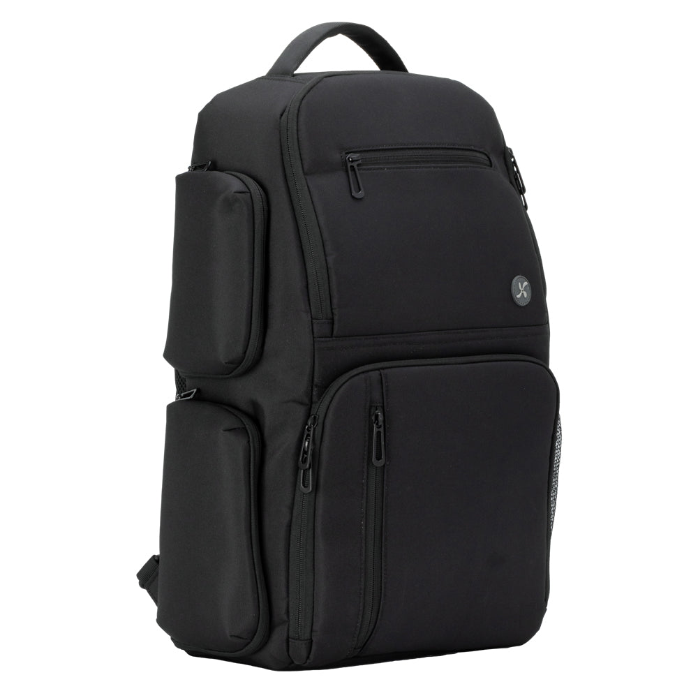 Side of the Charcoal grey XL Travel Backpack showing the width, side zippered pocket and backpack straps. 