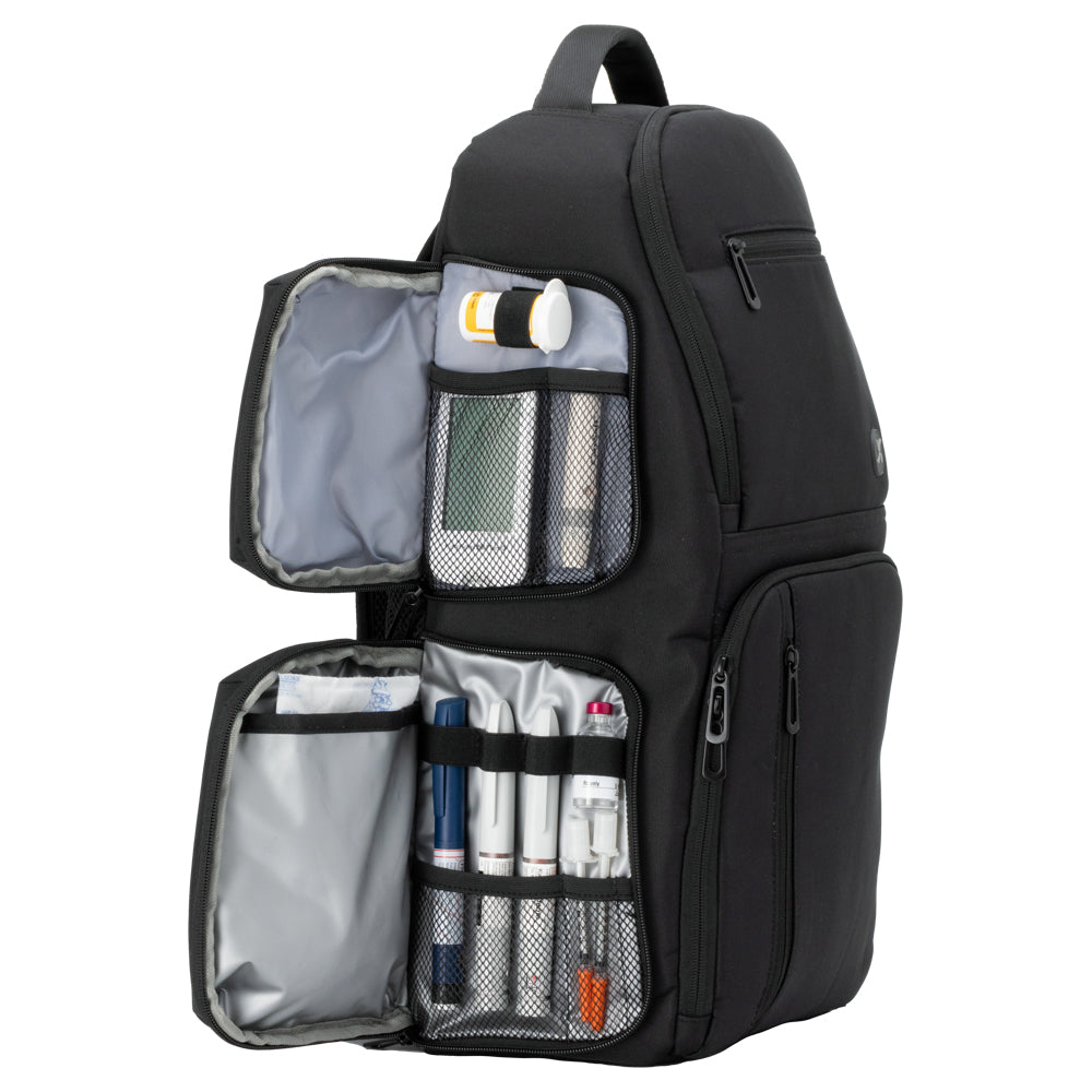 Side of the Charcoal grey XL Travel Backpack showing the width, side zippered pocket and backpack straps. 