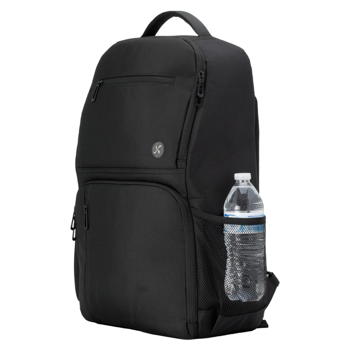 XL Diabetes Travel Backpack in charcoal front with two large, zippered compartment and side mesh pocket for water bottle.