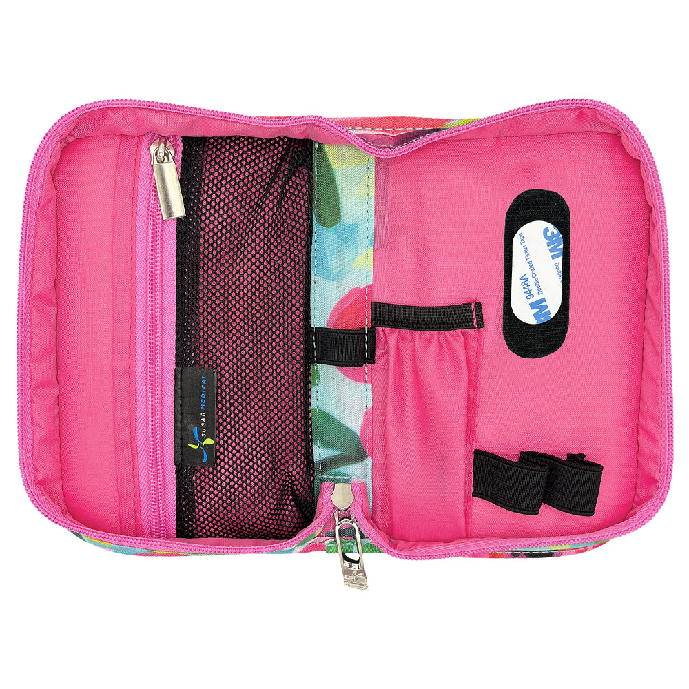 Pink Diabetes Supply Case open with pockets and loops to organize your diabetes supplies. 