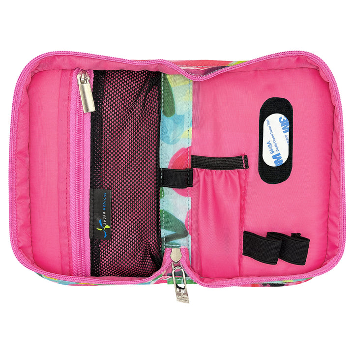 Pink Diabetes Supply Case open with pockets and loops to organize your diabetes supplies. 