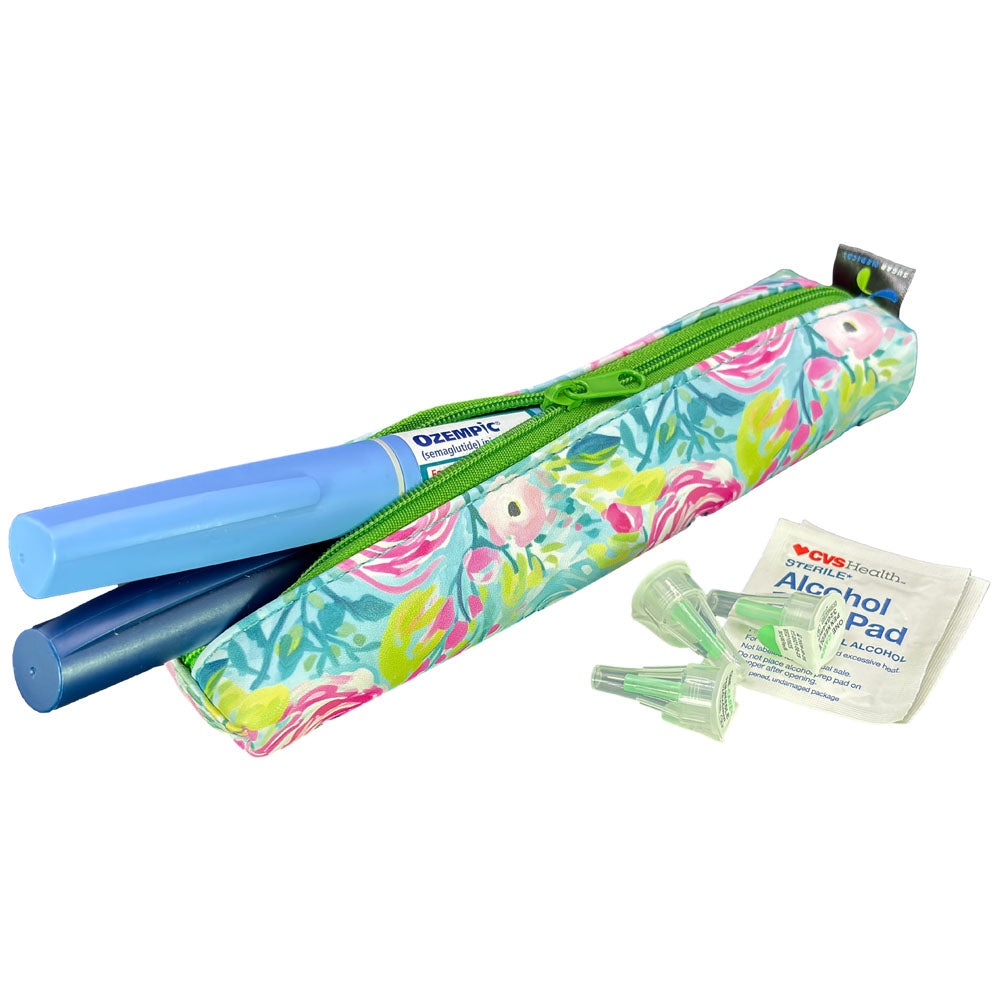 Floral-patterned MedMate GLP-1 / Insulin Pen Case with a purple zipper open with GLP-1 pen coming out.